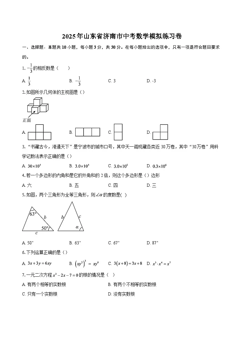 2025年山东省济南市中考数学模拟练习卷-自定义类型第1页