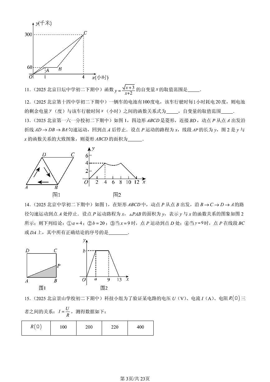 2025北京重点校初二（下）期中数学汇编：函数（非选择题）试卷第3页