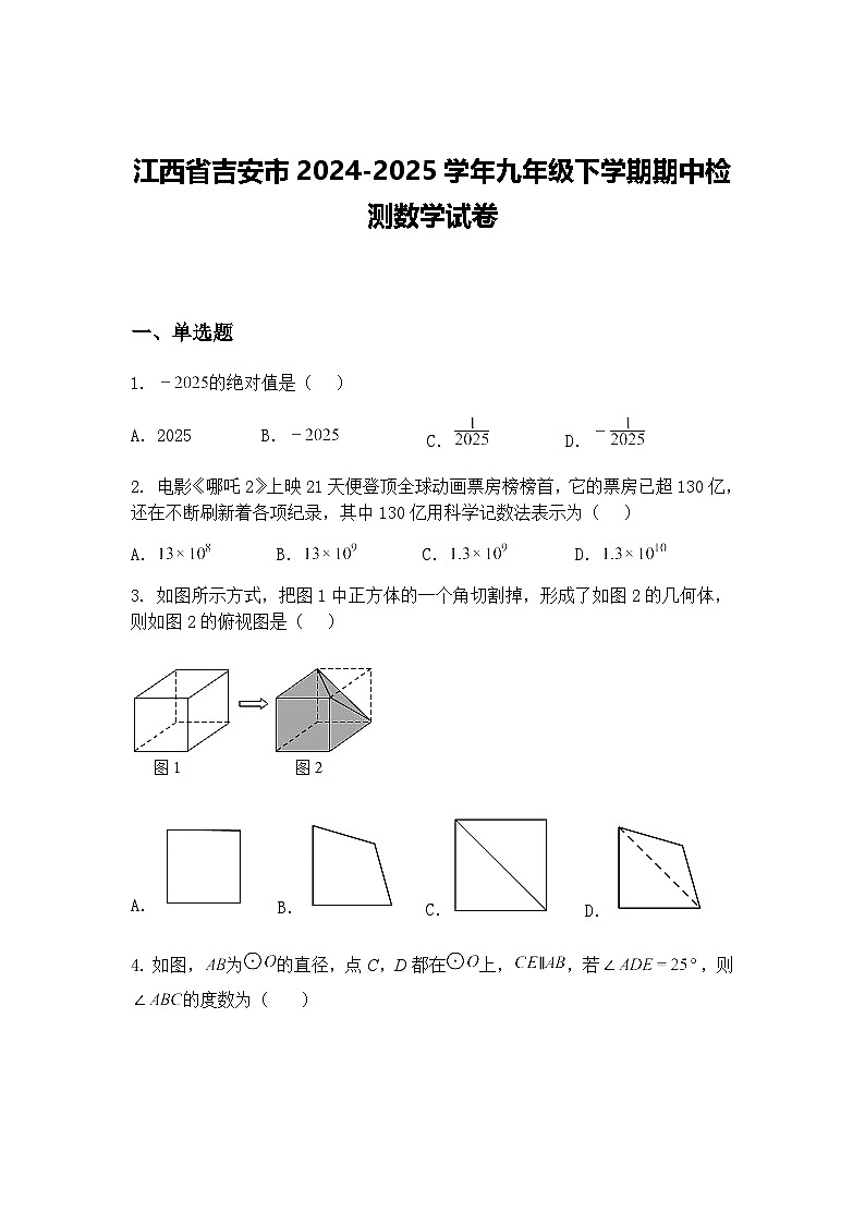 江西省吉安市2024-2025学年九年级下学期期中检测数学试卷（含答案解析）第1页