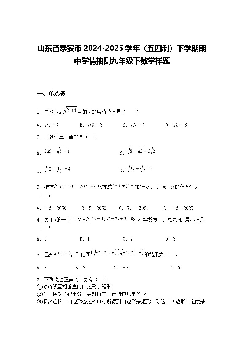 山东省泰安市2024-2025学年下学期期中学情抽测九年级下数学试题（含答案解析）第1页