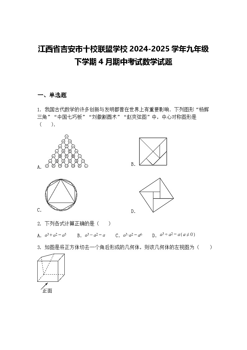 江西省吉安市十校联盟学校2024-2025学年九年级下学期4月期中考试数学试题（含答案解析）第1页