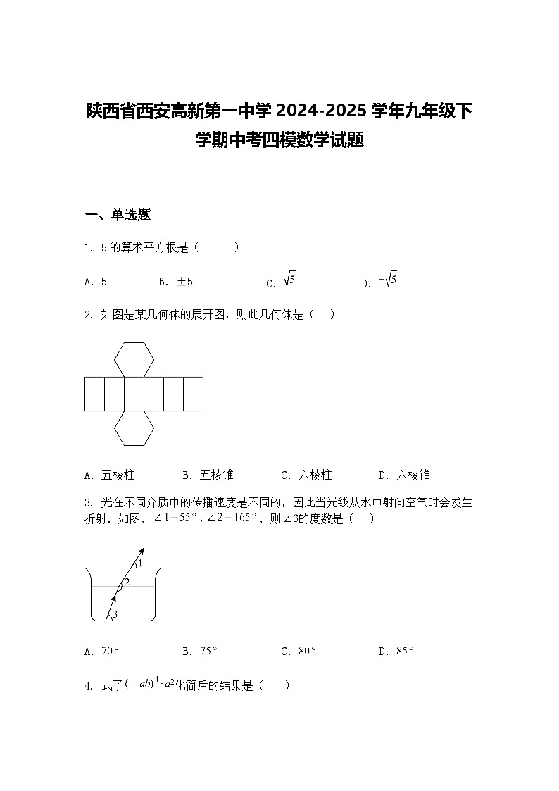 陕西省西安高新第一中学2024-2025学年九年级下学期中考四模数学试题（含答案解析）第1页