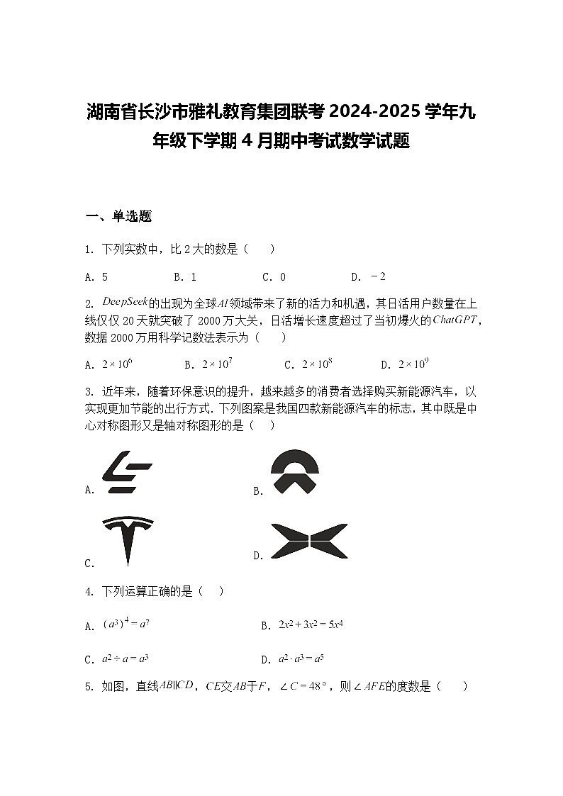 湖南省长沙市雅礼教育集团联考2024-2025学年九年级下学期4月期中考试数学试题（含答案解析）第1页