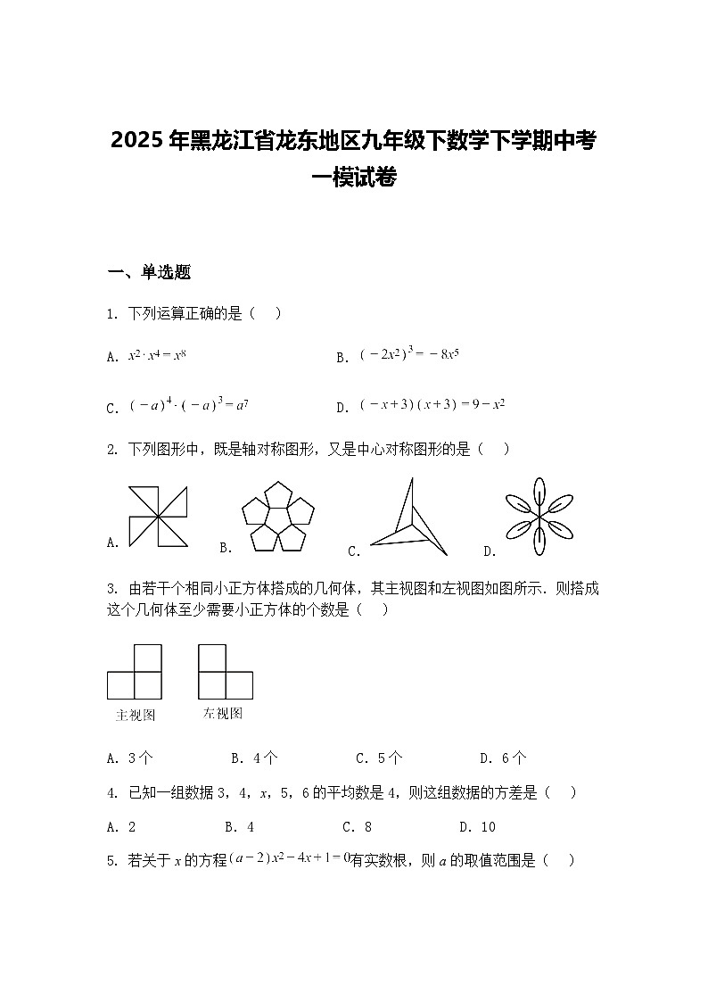 2025年黑龙江省龙东地区九年级下数学下学期中考一模试卷（含答案解析）第1页