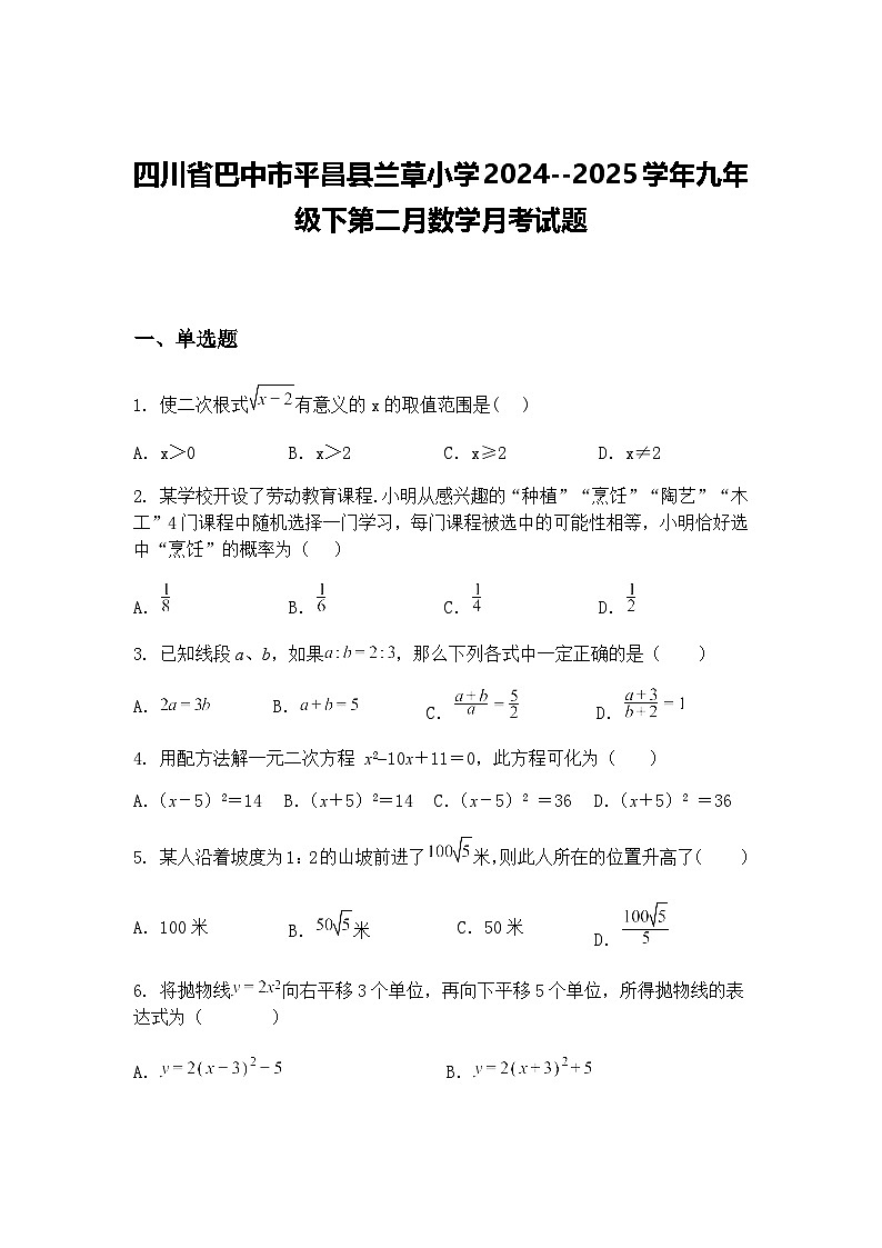 四川省巴中市平昌县兰草小学2024--2025学年九年级下第二月数学月考试题（含答案解析）第1页
