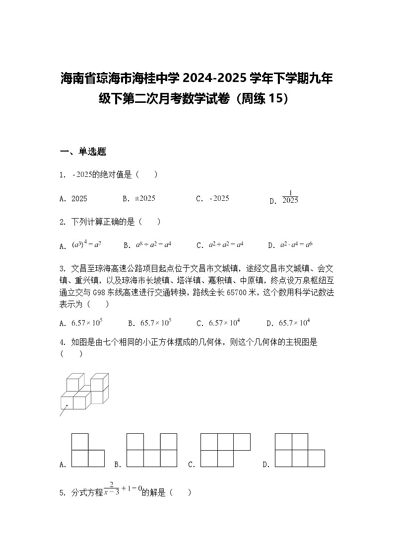 海南省琼海市海桂中学2024-2025学年下学期九年级下第二次月考数学试卷（周练15）（含答案解析）第1页