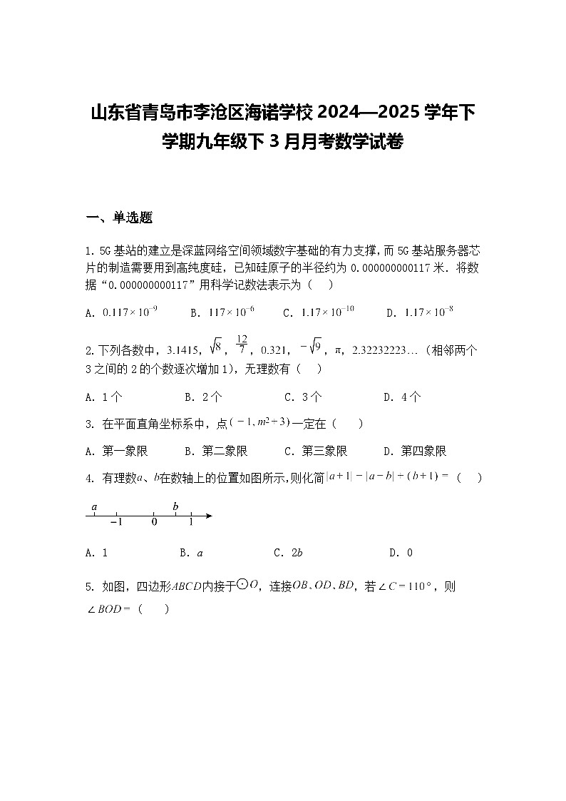 山东省青岛市李沧区海诺学校2024—2025学年下学期九年级下3月月考数学试卷（含答案解析）第1页