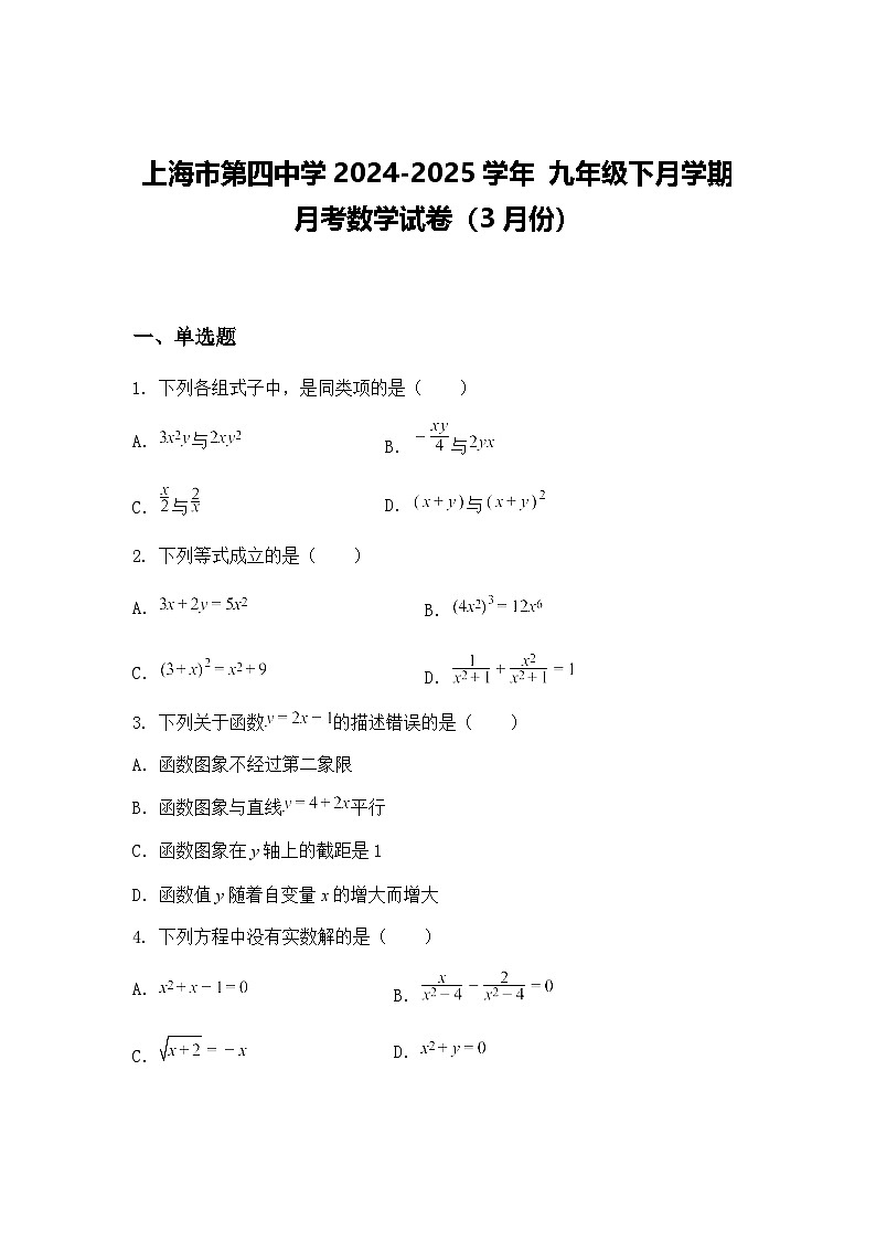 上海市第四中学2024-2025学年 九年级下月学期月考数学试卷（3月份）（含答案解析）第1页