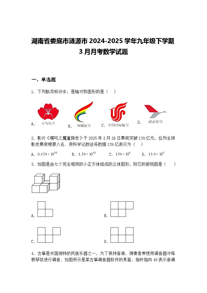 湖南省娄底市涟源市2024-2025学年九年级下学期3月月考数学试题（含答案解析）第1页