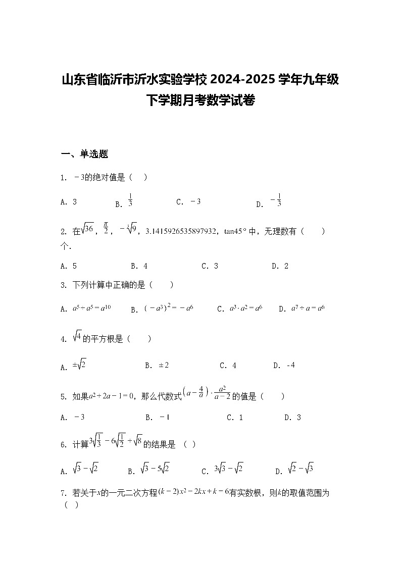 山东省临沂市沂水实验学校2024-2025学年九年级下学期月考数学试卷（含答案解析）第1页