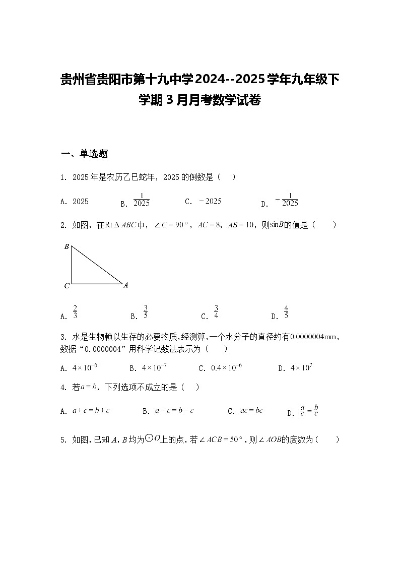 贵州省贵阳市第十九中学2024--2025学年九年级下学期3月月考数学试卷（含答案解析）第1页
