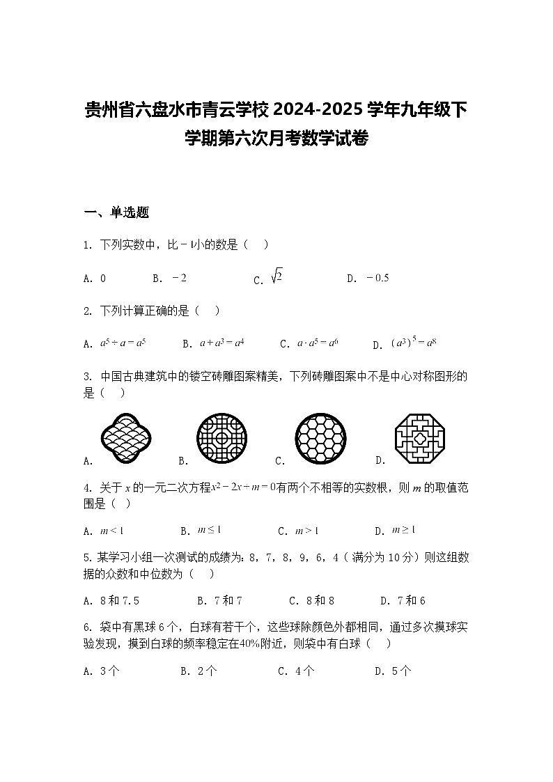 贵州省六盘水市青云学校2024-2025学年九年级下学期第六次月考数学试卷（含答案解析）第1页