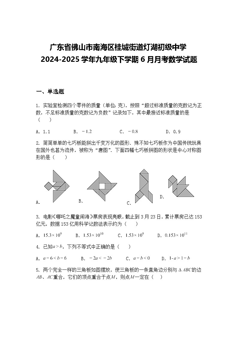 广东省佛山市南海区桂城街道灯湖初级中学2024-2025学年九年级下学期6月月考数学试题（含答案解析）第1页