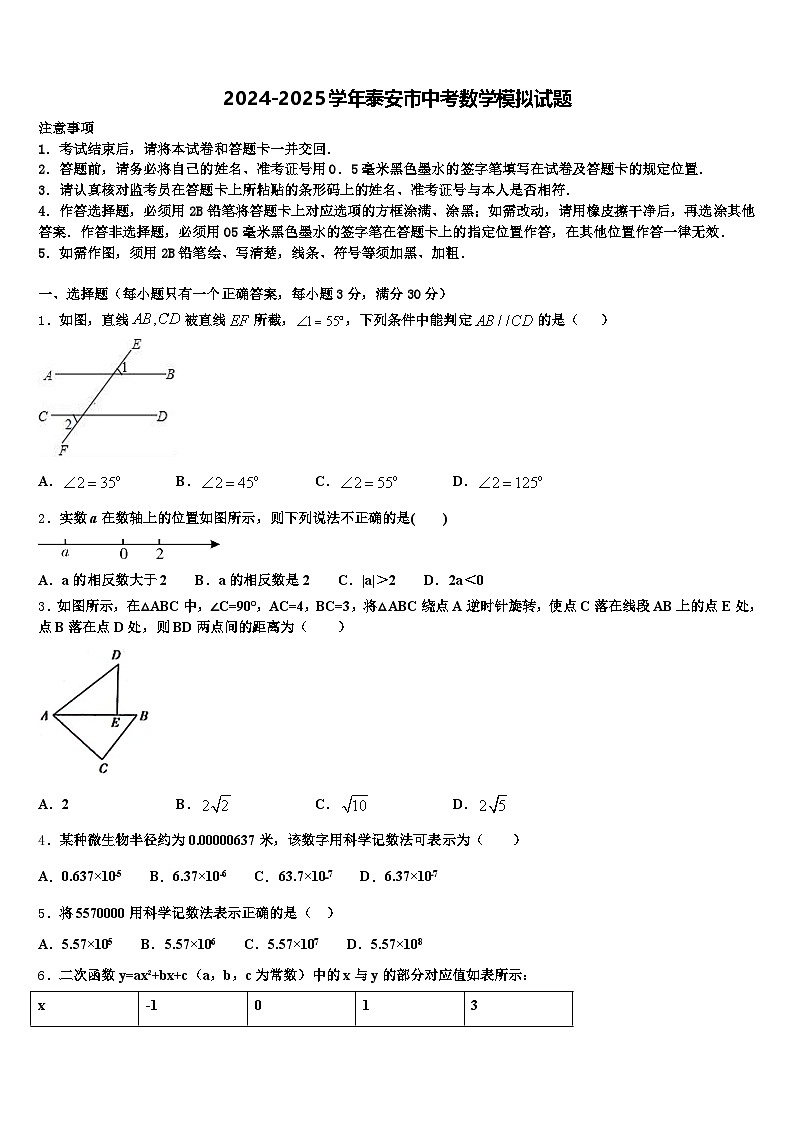 2024-2025学年泰安市中考数学模拟试题含解析第1页