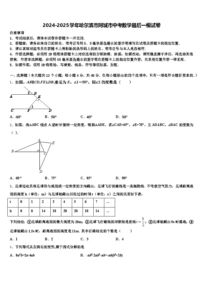 2024-2025学年哈尔滨市阿城市中考数学最后一模试卷含解析第1页