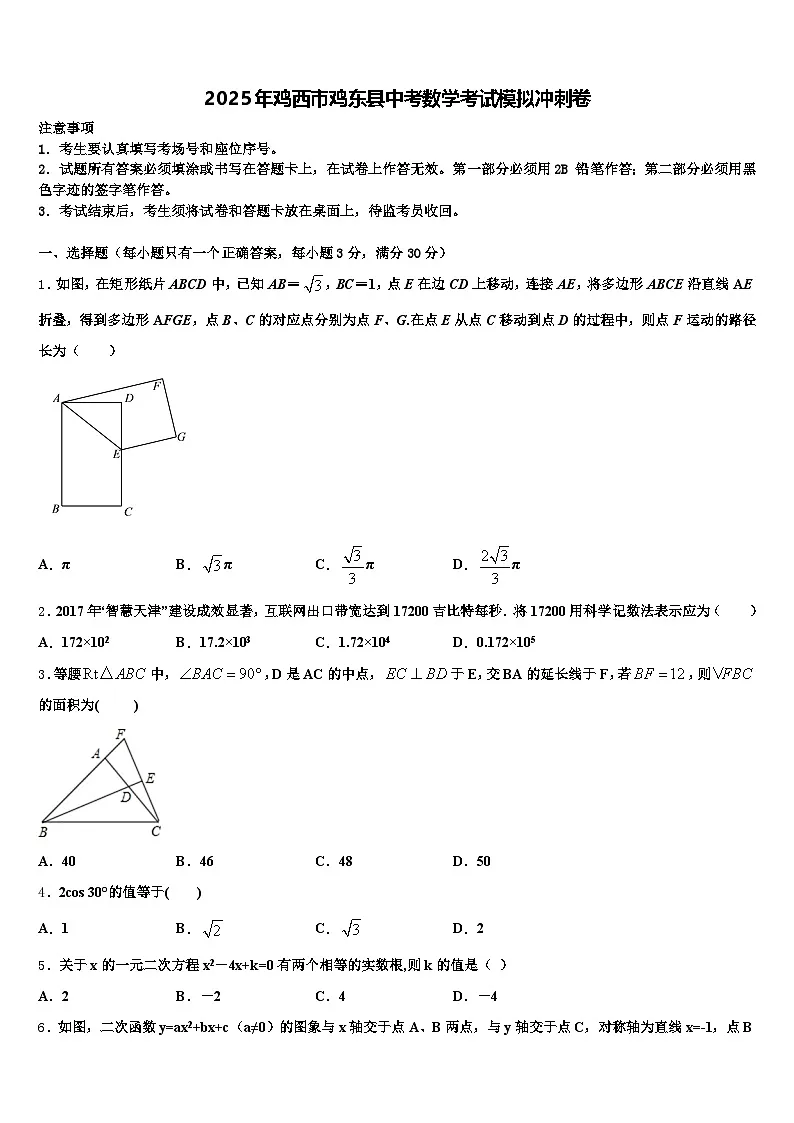 2025年鸡西市鸡东县中考数学考试模拟冲刺卷含解析第1页