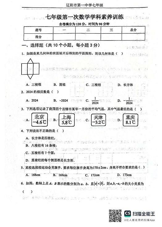 辽宁省辽阳市第一中学2025-2026学年七年级上学期第一次月考数学试卷第1页