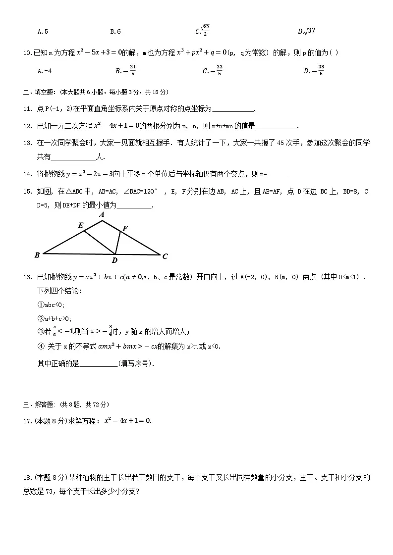 湖北省武汉市七一华源中学2024-2025学年九年级上学期10月月考数学试卷第2页