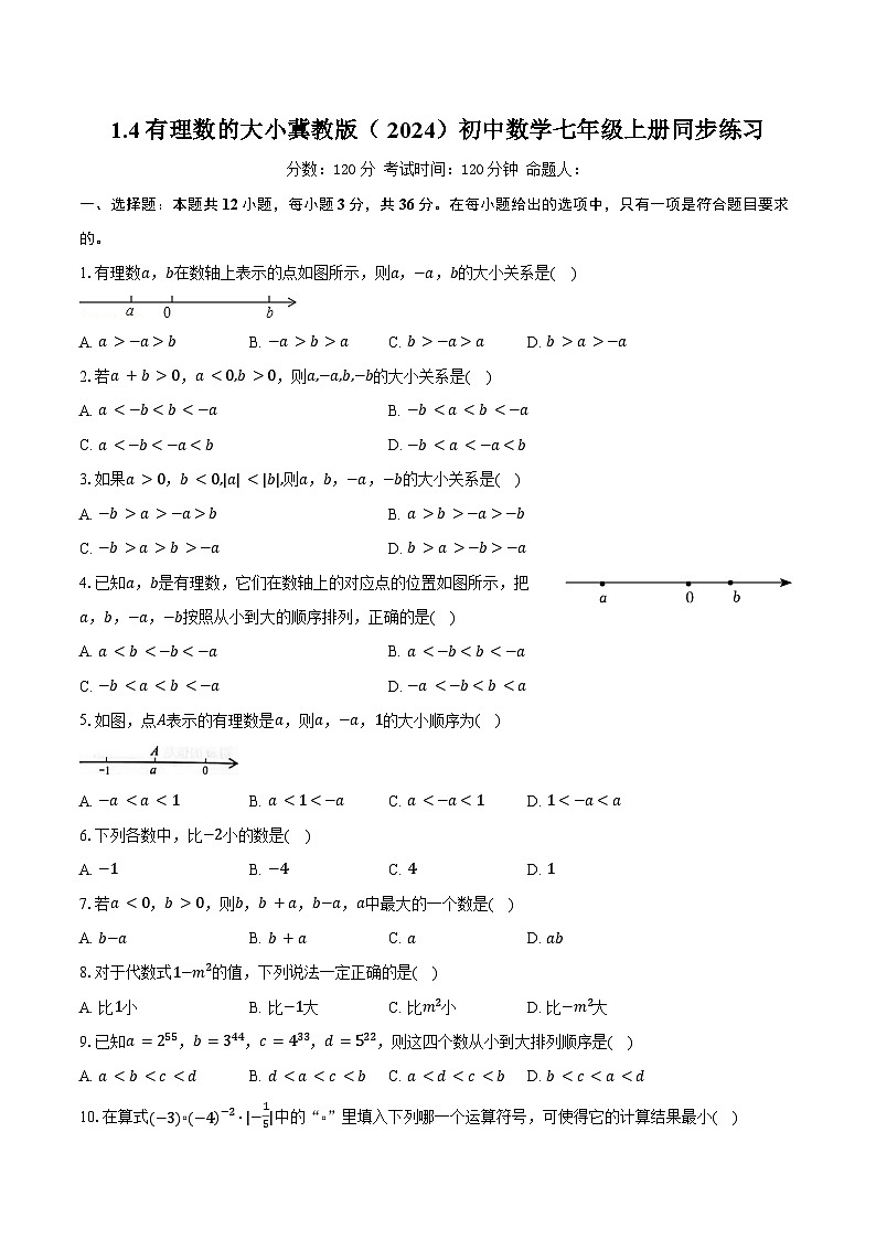 1.4有理数的大小 冀教版（2024）初中数学七年级上册同步练习（含详细答案解析）第1页