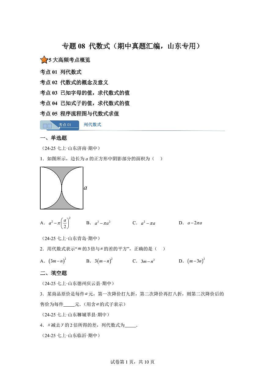 专题08代数式（期中真题 山东专用）七年级数学上学期北师大版2024【含答案】第1页