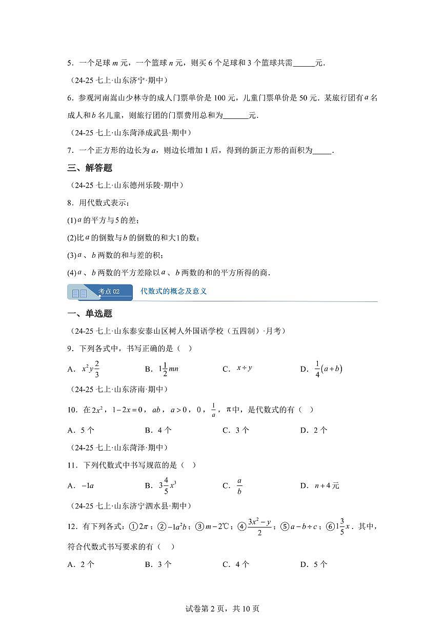专题08代数式（期中真题 山东专用）七年级数学上学期北师大版2024【含答案】第2页