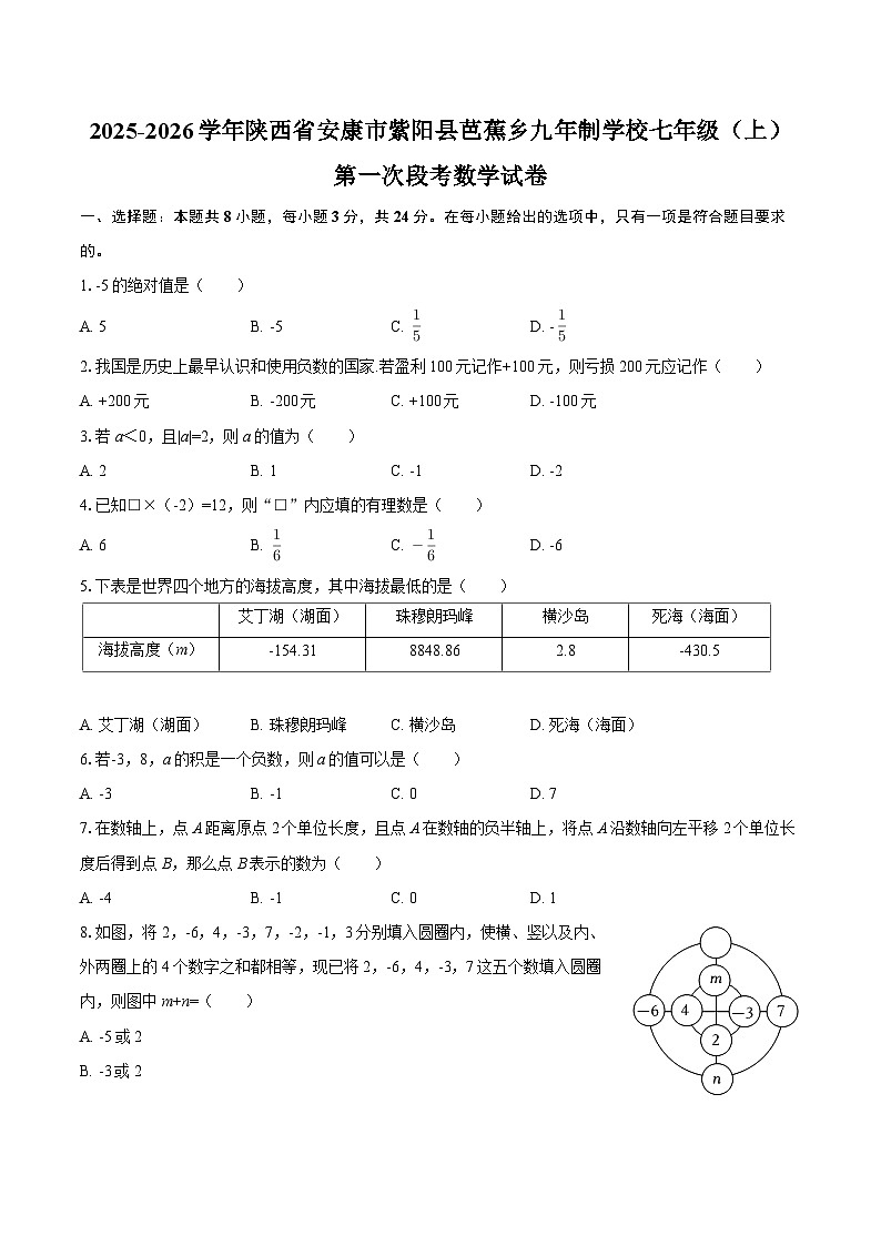 2025-2026学年陕西省安康市紫阳县芭蕉乡九年制学校七年级（上）第一次段考数学试卷-自定义类型第1页
