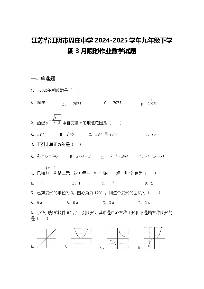 江苏省江阴市周庄中学2024-2025学年九年级下学期3月限时作业数学试题（含答案解析）第1页