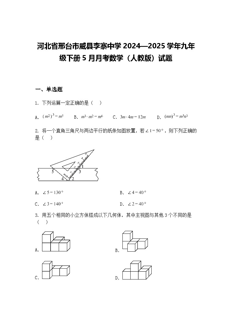 河北省邢台市威县李寨中学2024—2025学年九年级下册5月月考数学（人教版）试题（含答案解析）第1页