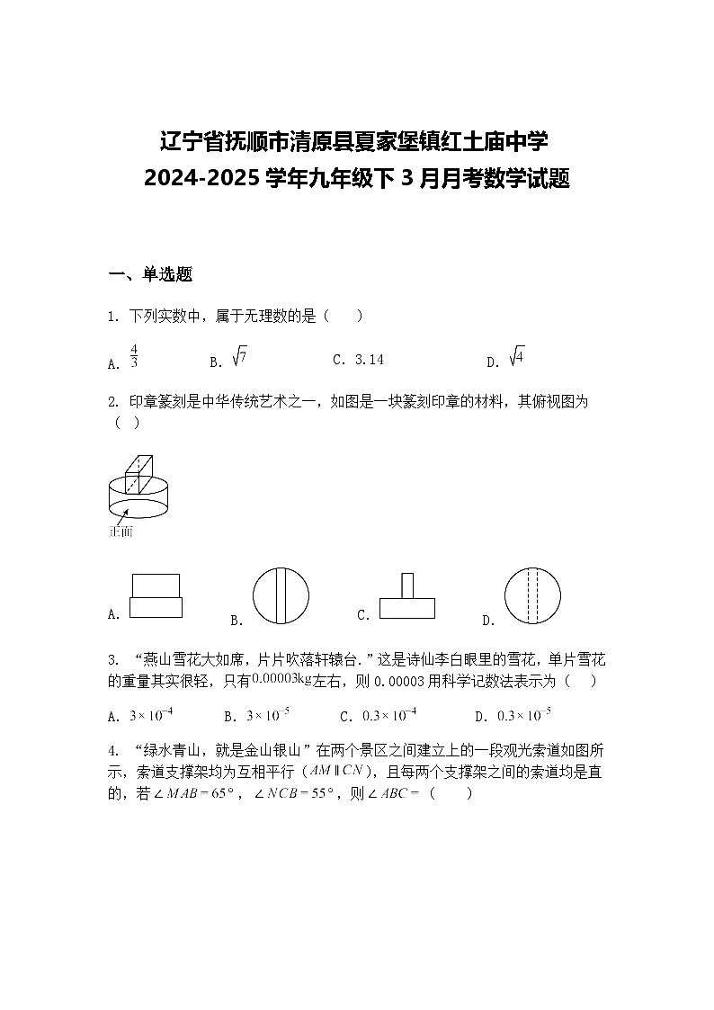 辽宁省抚顺市清原县夏家堡镇红土庙中学2024-2025学年九年级下3月月考数学试题（含答案解析）第1页