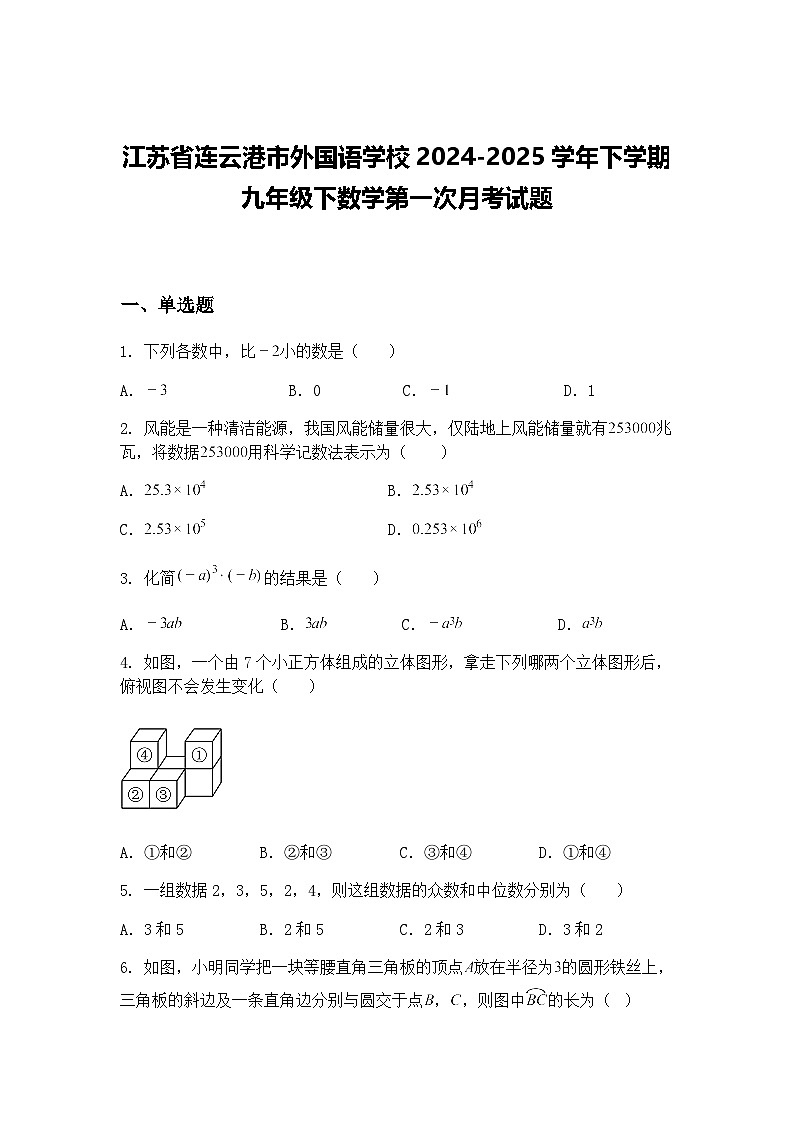 江苏省连云港市外国语学校2024-2025学年下学期九年级下数学第一次月考试题（含答案解析）第1页