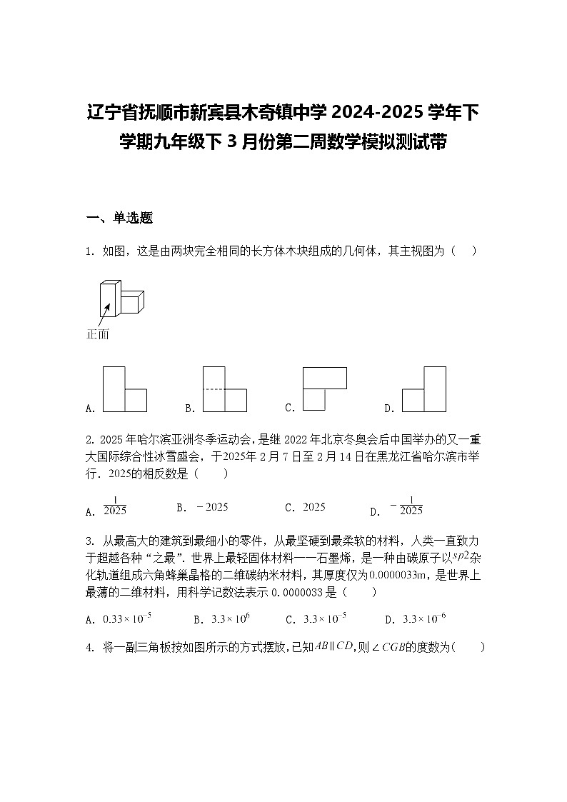 辽宁省抚顺市新宾县木奇镇中学2024-2025学年下学期九年级下3月份第二周数学模拟测试带（含答案解析）第1页
