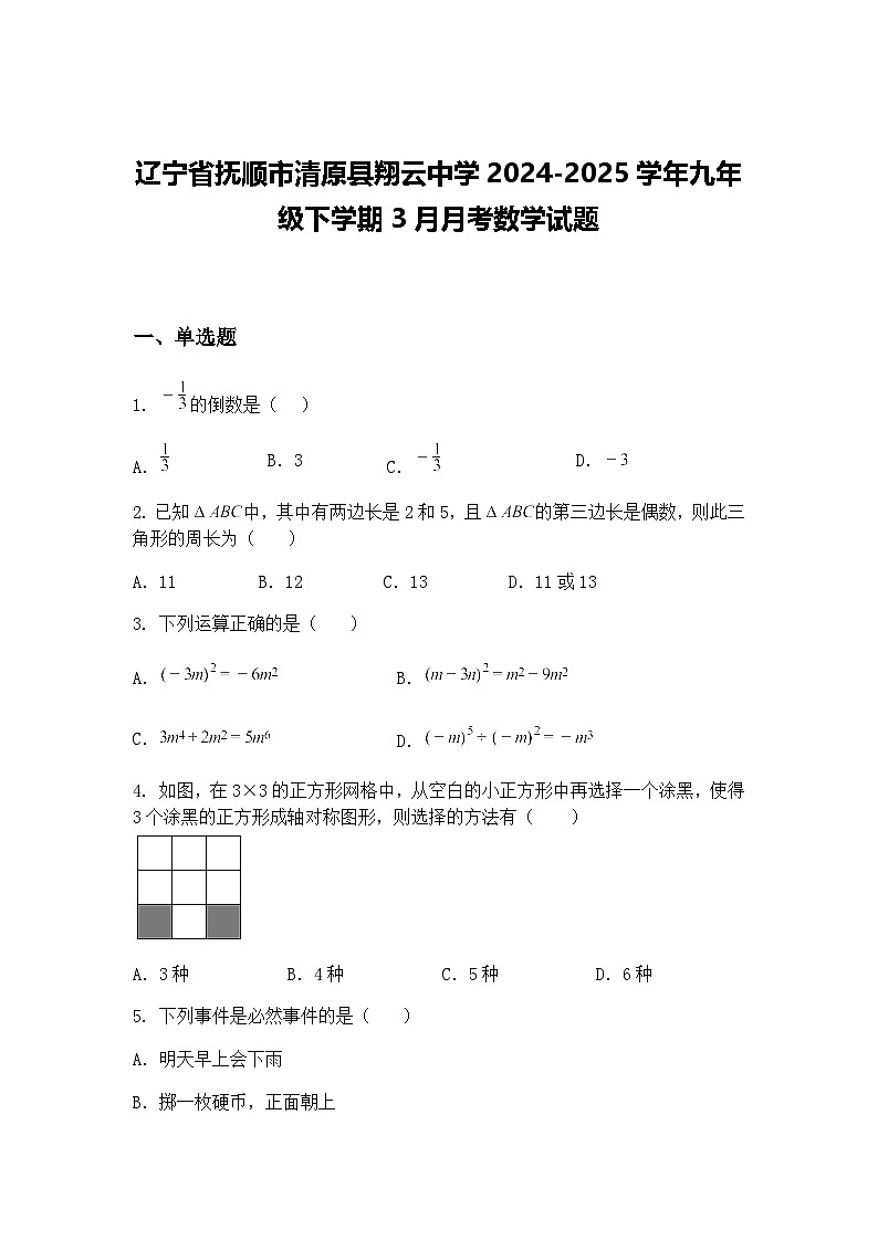 辽宁省抚顺市清原县翔云中学2024-2025学年九年级下学期3月月考数学试题（含答案解析）第1页