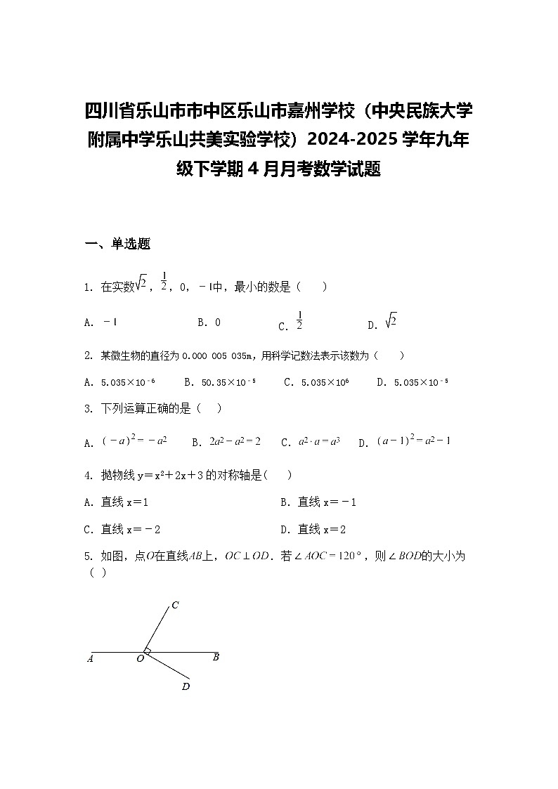 四川省乐山市市中区乐山市嘉州学校2024-2025学年九年级下学期4月月考数学试题（含答案解析）第1页