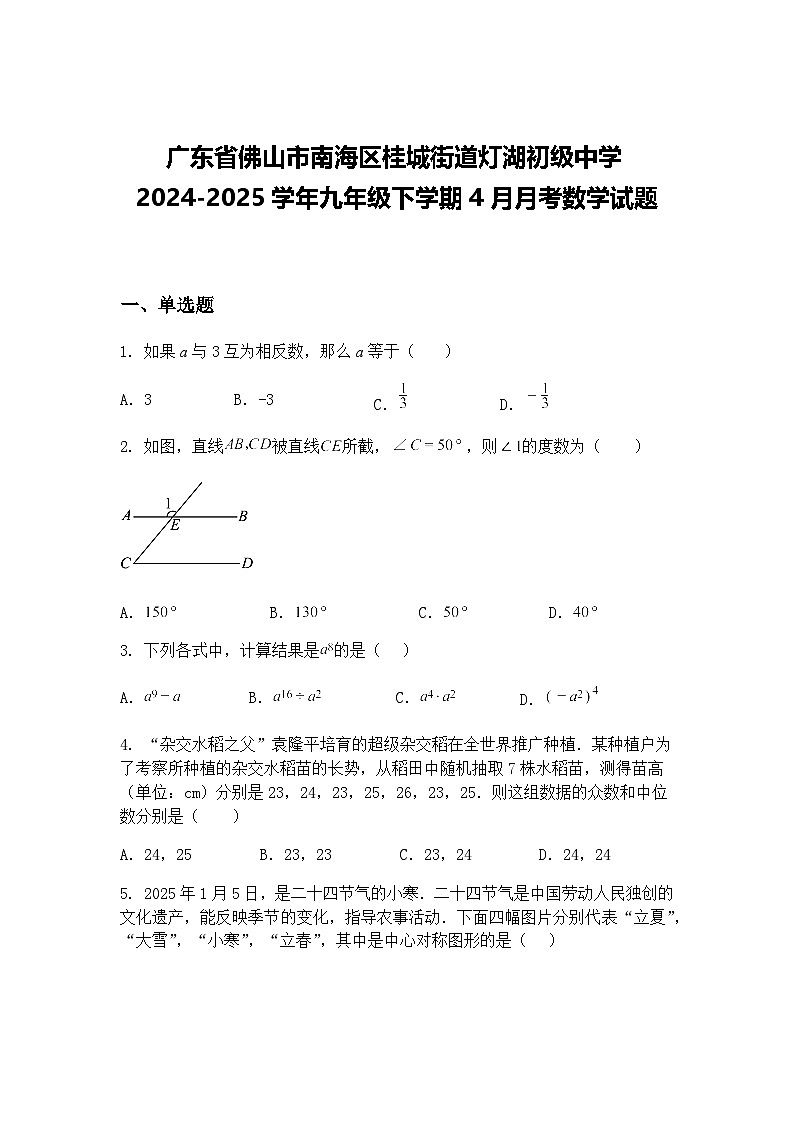 广东省佛山市南海区桂城街道灯湖初级中学2024-2025学年九年级下学期4月月考数学试题（含答案解析）第1页