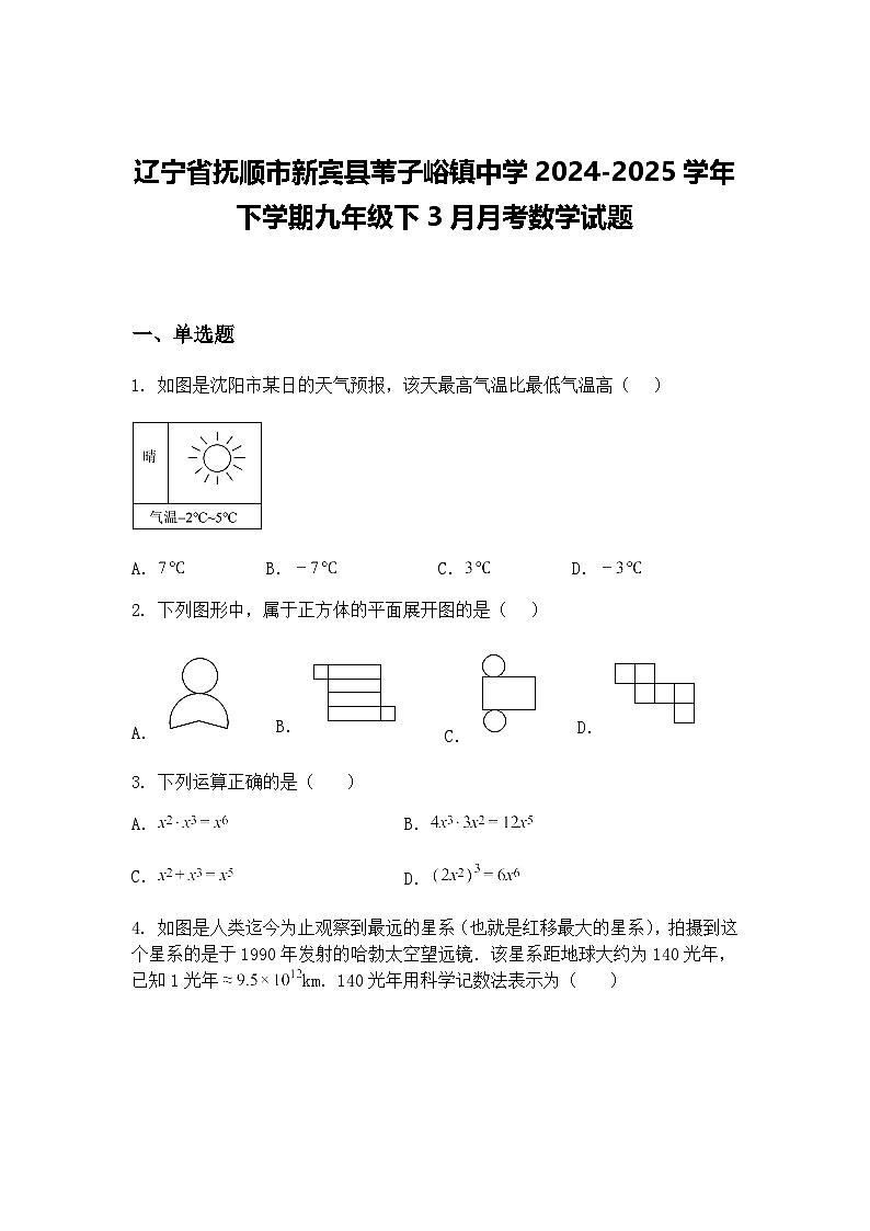 辽宁省抚顺市新宾县苇子峪镇中学2024-2025学年下学期九年级下3月月考数学试题（含答案解析）第1页