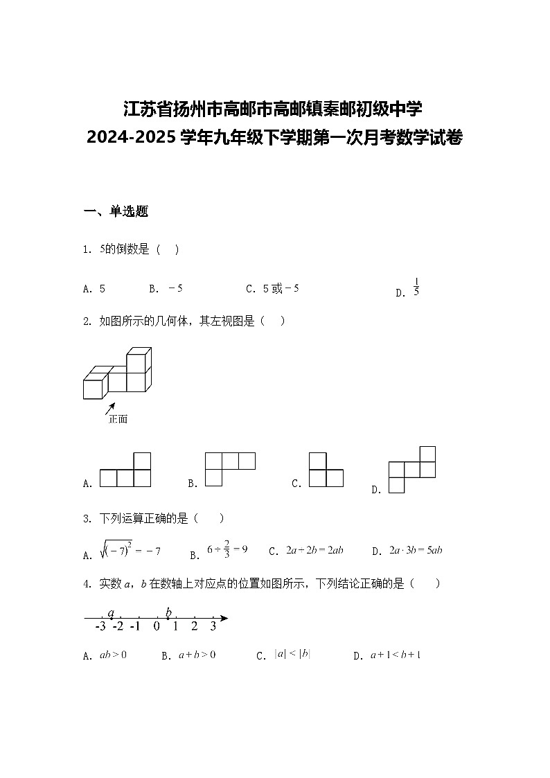江苏省扬州市高邮市高邮镇秦邮初级中学2024-2025学年九年级下学期第一次月考数学试卷（含答案解析）第1页