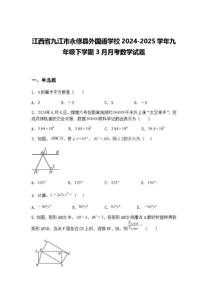 江西省九江市永修县外国语学校2024-2025学年九年级下学期3月月考数学试题（含答案解析）第1页