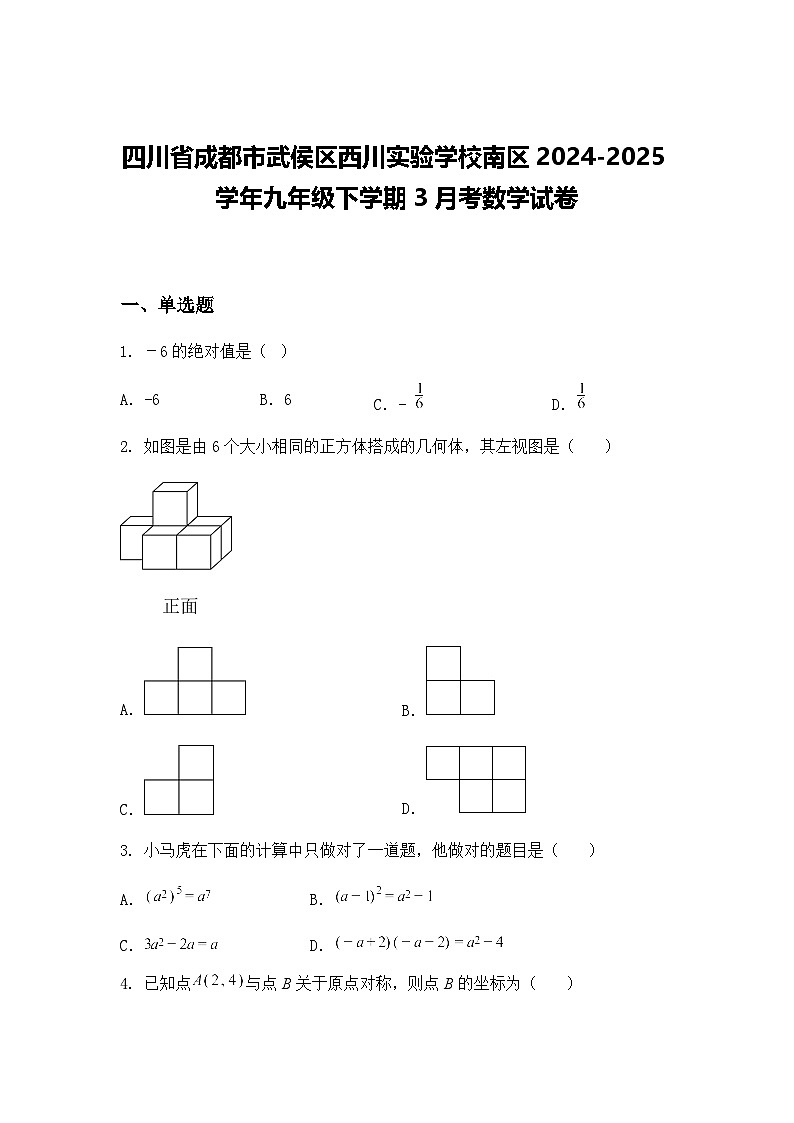 四川省成都市武侯区西川实验学校南区2024-2025学年九年级下学期3月考数学试卷（含答案解析）第1页