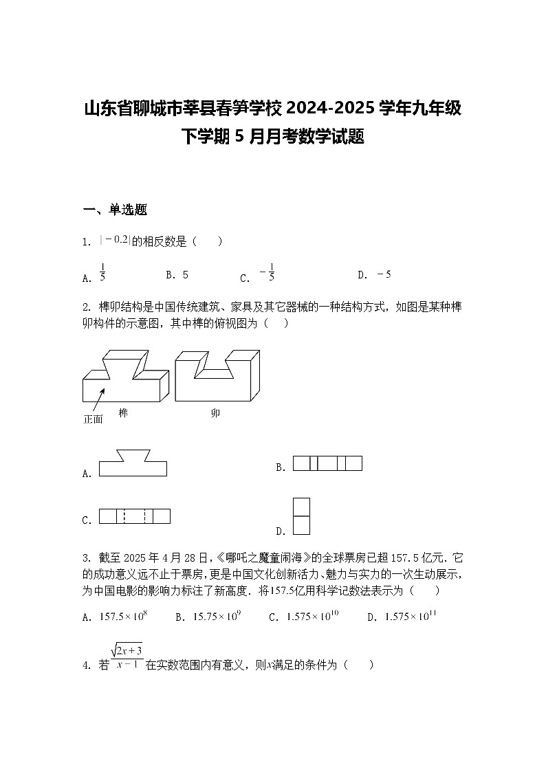 山东省聊城市莘县春笋学校2024-2025学年九年级下学期5月月考数学试题（含答案解析）第1页