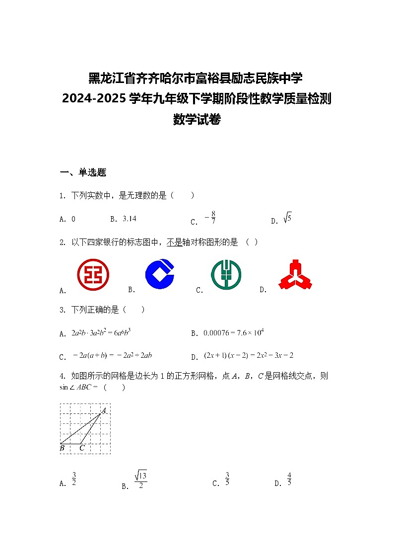 黑龙江省齐齐哈尔市富裕县励志民族中学2024-2025学年九年级下学期阶段性教学质量检测数学试卷（含答案解析）第1页