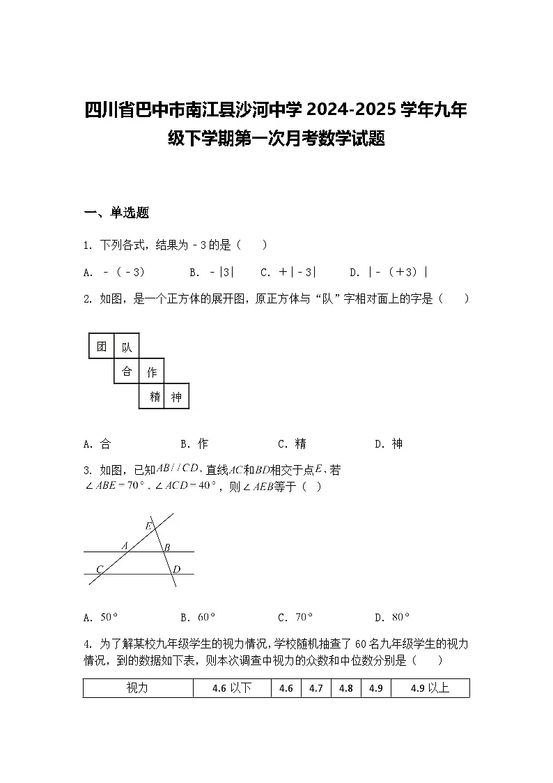 四川省巴中市南江县沙河中学2024-2025学年九年级下学期第一次月考数学试题（含答案解析）第1页