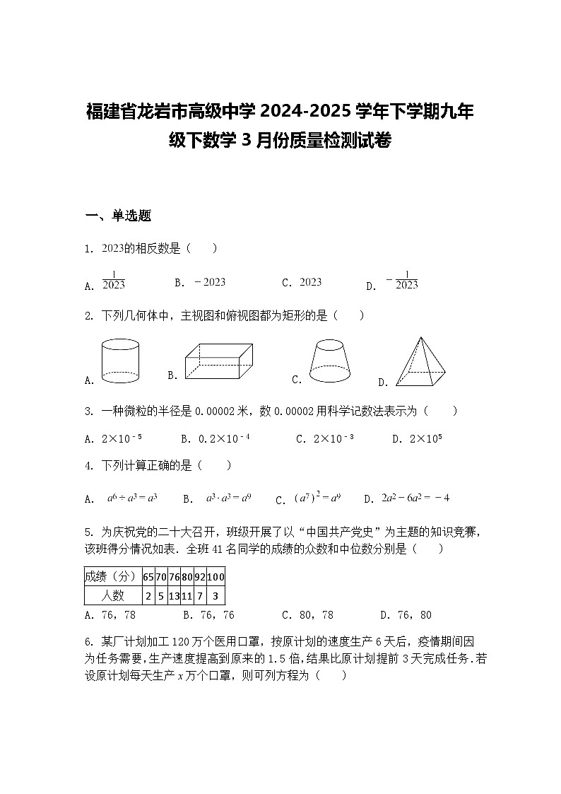 福建省龙岩市高级中学2024-2025学年下学期九年级下数学3月份质量检测试卷（含答案解析）第1页