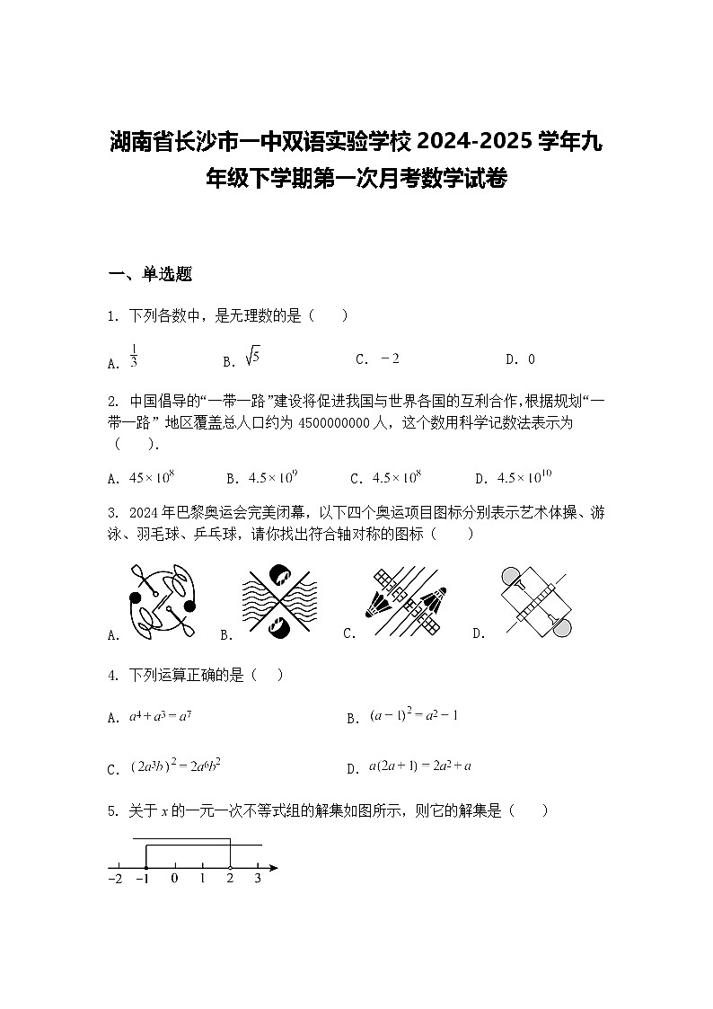 湖南省长沙市一中双语实验学校2024-2025学年九年级下学期第一次月考数学试卷（含答案解析）第1页