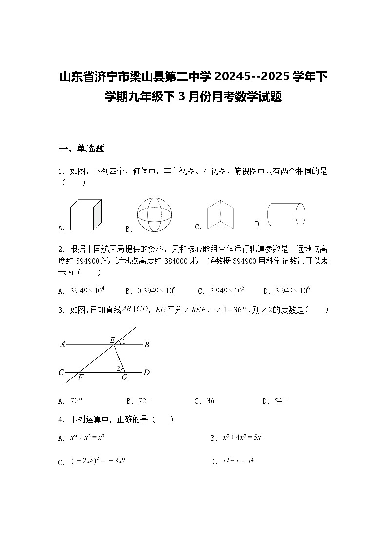 山东省济宁市梁山县第二中学20245--2025学年下学期九年级下3月份月考数学试题（含答案解析）第1页