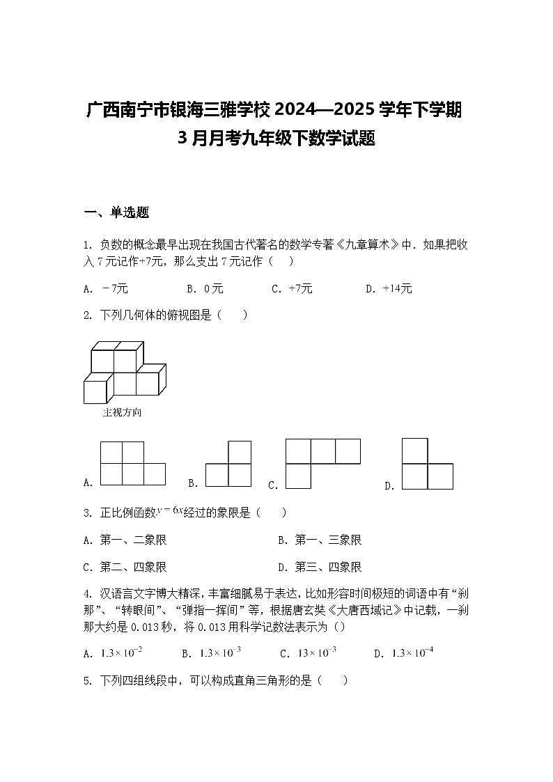 广西南宁市银海三雅学校2024—2025学年下学期3月月考九年级下数学试题（含答案解析）第1页