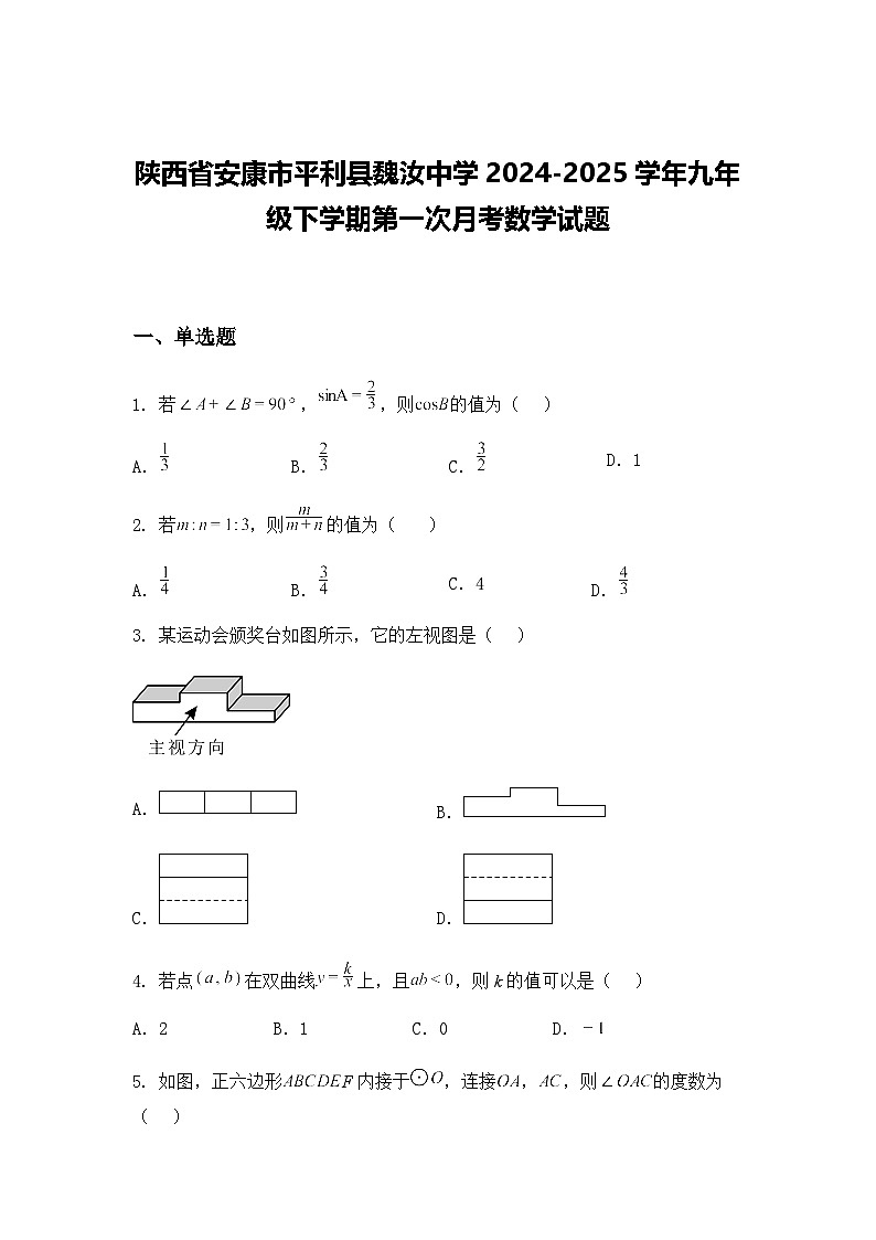 陕西省安康市平利县魏汝中学2024-2025学年九年级下学期第一次月考数学试题（含答案解析）第1页