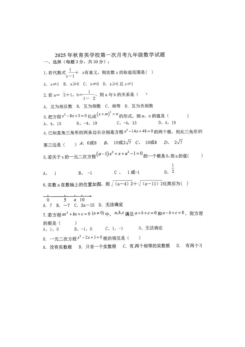 河南省南阳市桐柏县育英学校2025-2026学年九年级上学期10月月考数学试题第1页