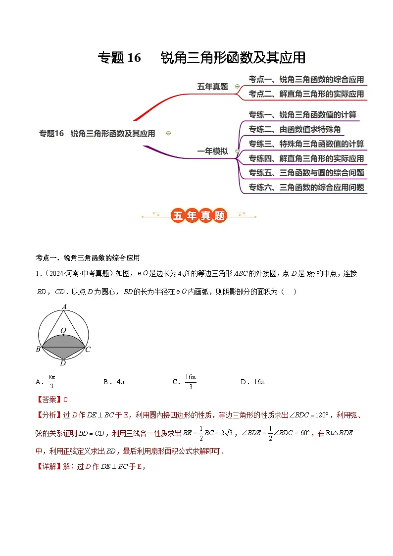 中考数学 专题练习16 锐角三角形函数及其应用（河南专用）（解析版）第1页