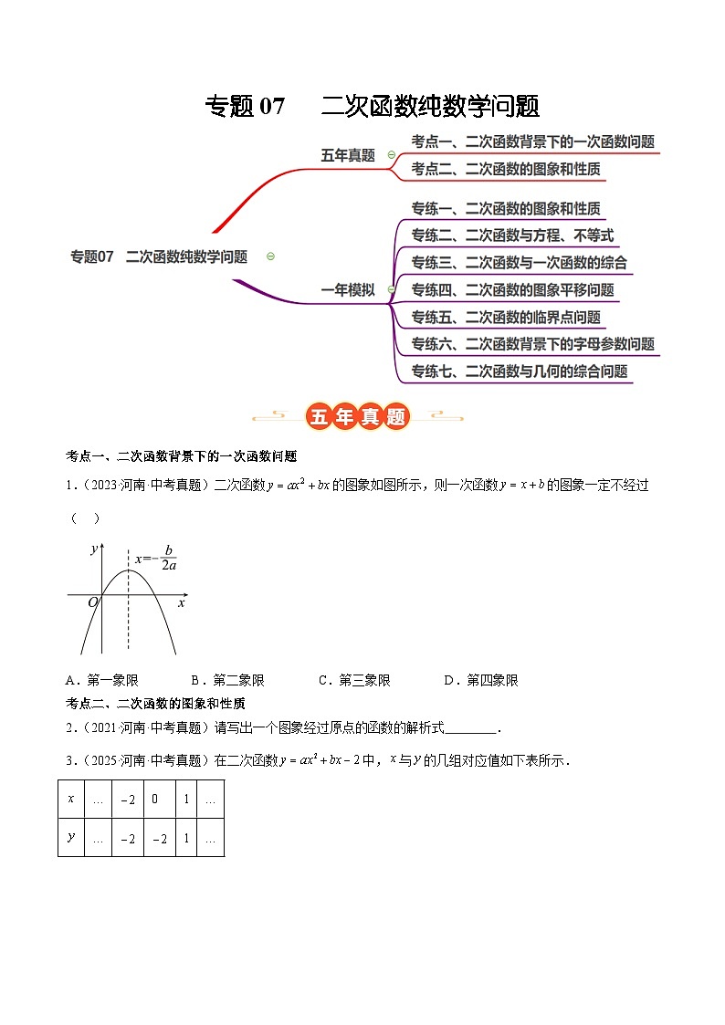 中考数学 专题练习07 二次函数纯数学问题（河南专用）（原卷版）第1页