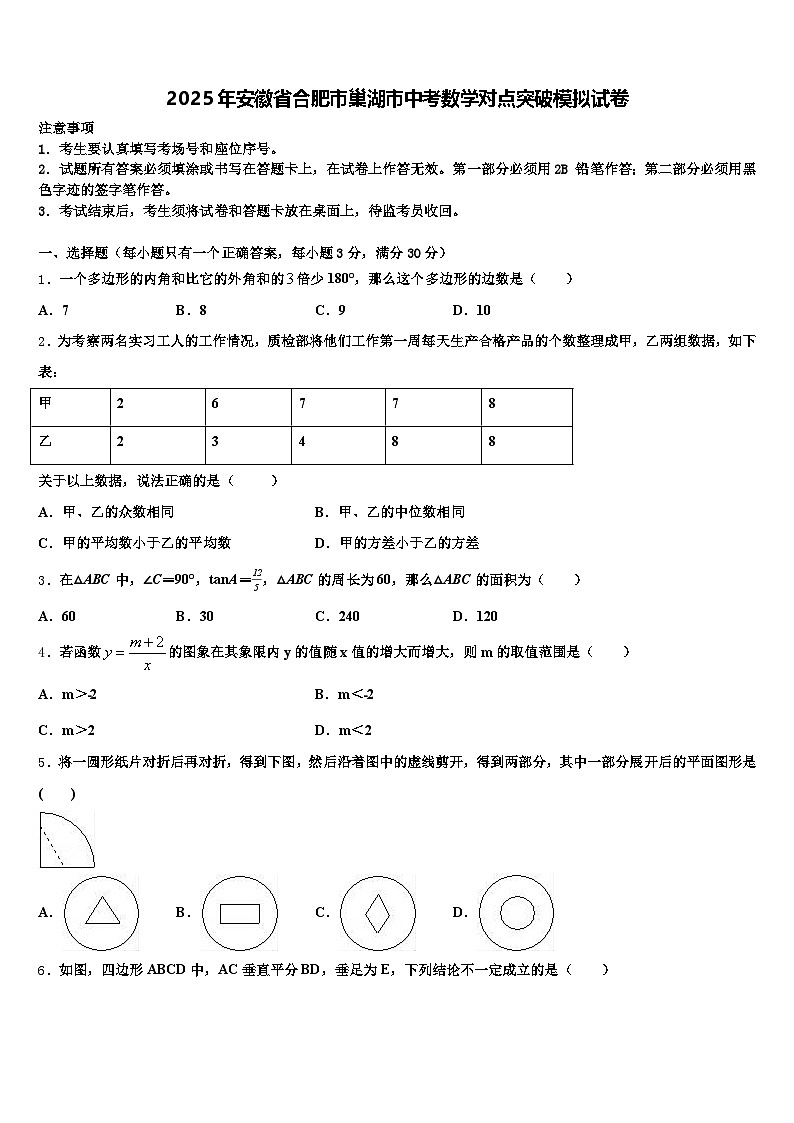2025年安徽省合肥市巢湖市中考数学对点突破模拟试卷含解析第1页